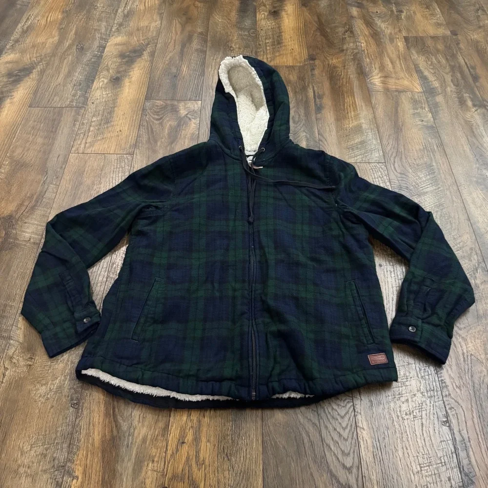 LL Bean Relaxed Fit Sherpa Lined Flannel Hoodie Jacket Green Plaid Womens Medium